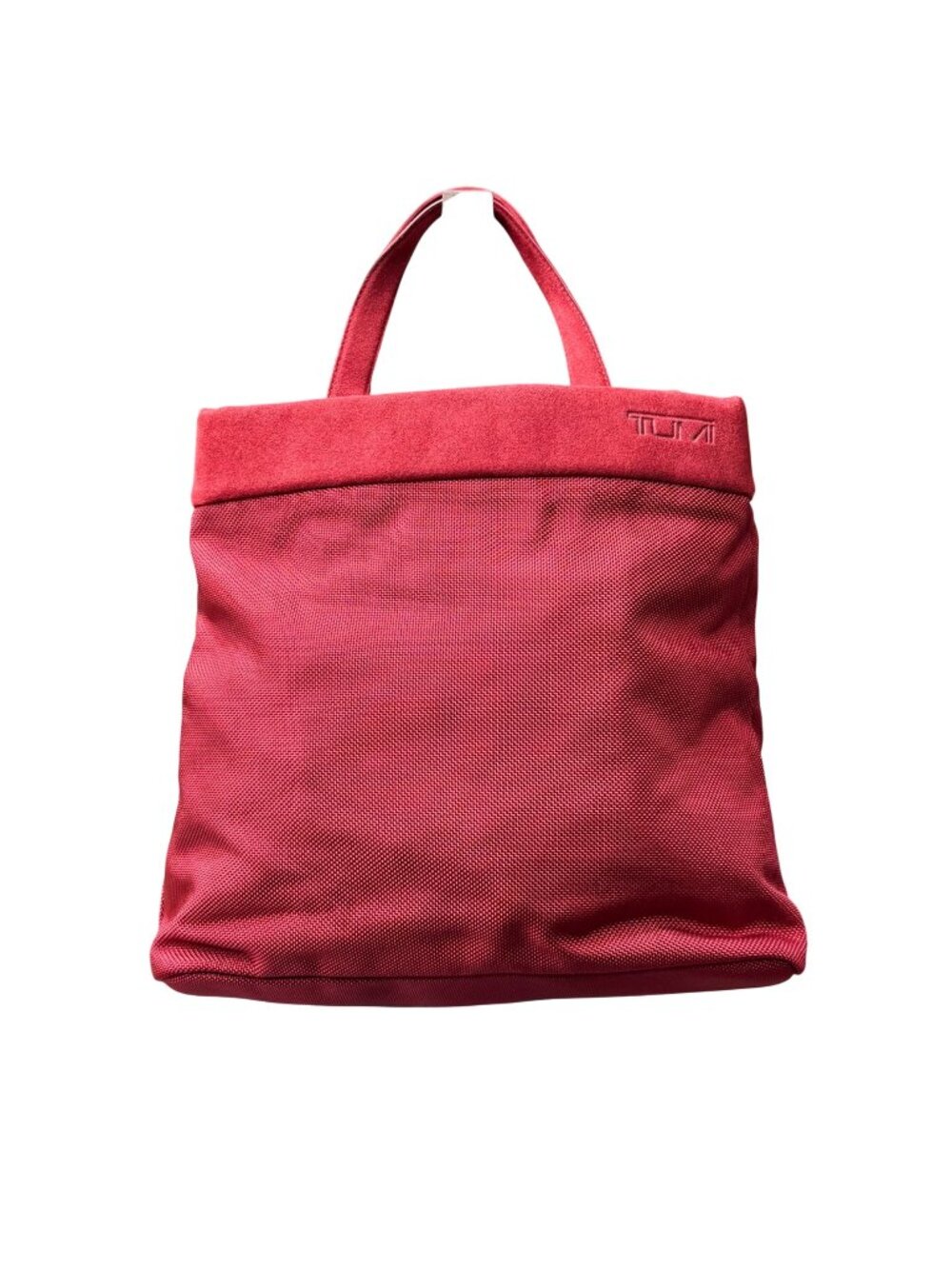 Tumi Red Nylon Tote Bag Leather Suede Trim 13" X 10" Purse Shoulder Travel Large